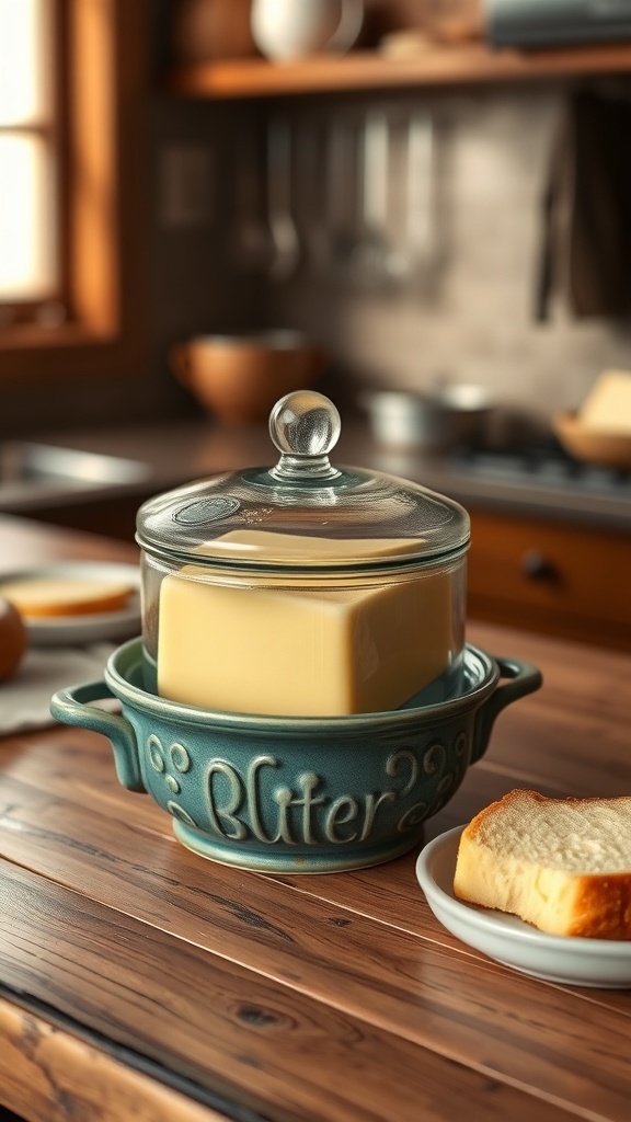 Butter Keeper Recipe A butter keeper filled with soft butter on a kitchen counter, with bread beside it.